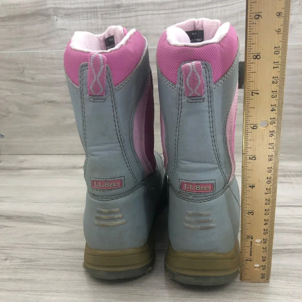 LL Bean Boots Kids Size 1 Pink Gray Insulated Winter Snow Hook and Loop Strap